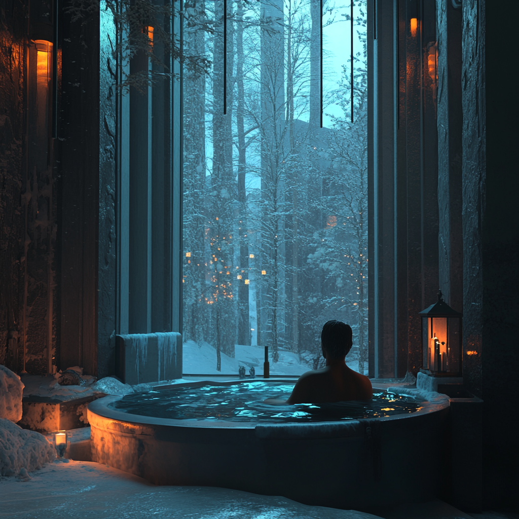 Snow spa in enclosed space with dim cool lighting.