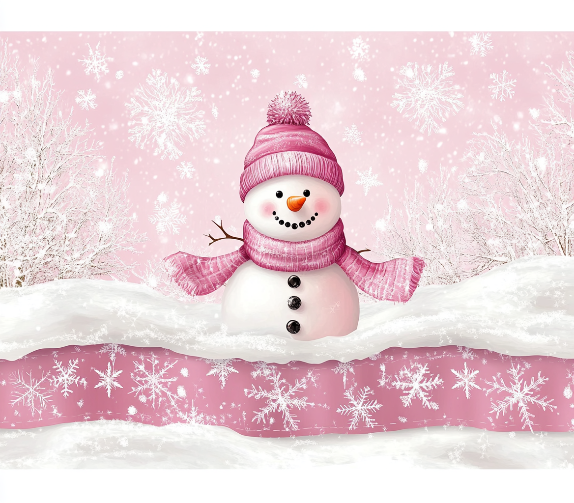 Snowman in pink winter scene with snowflakes.