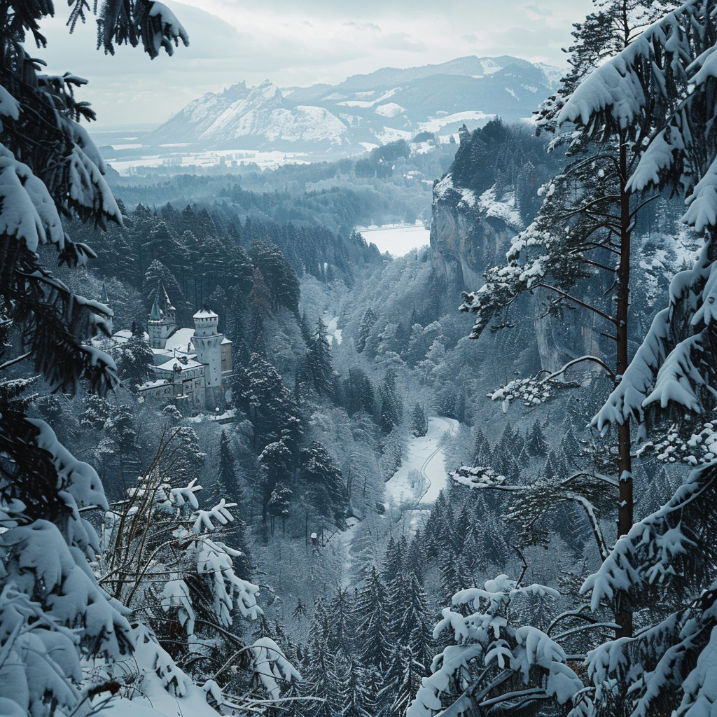 Snowy Eastern European landscape with mountains, trees, castle.