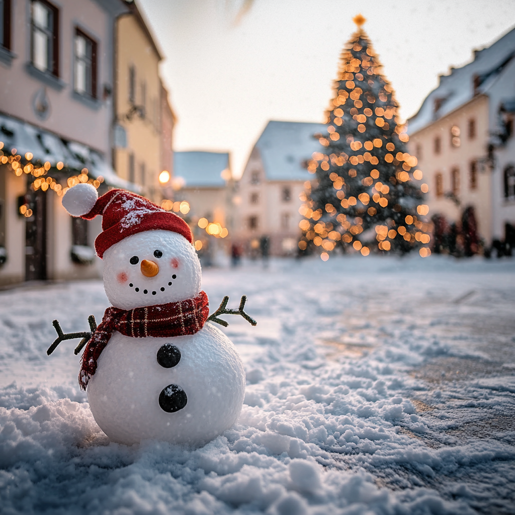 Snowy European Town with Snowman and Christmas Tree