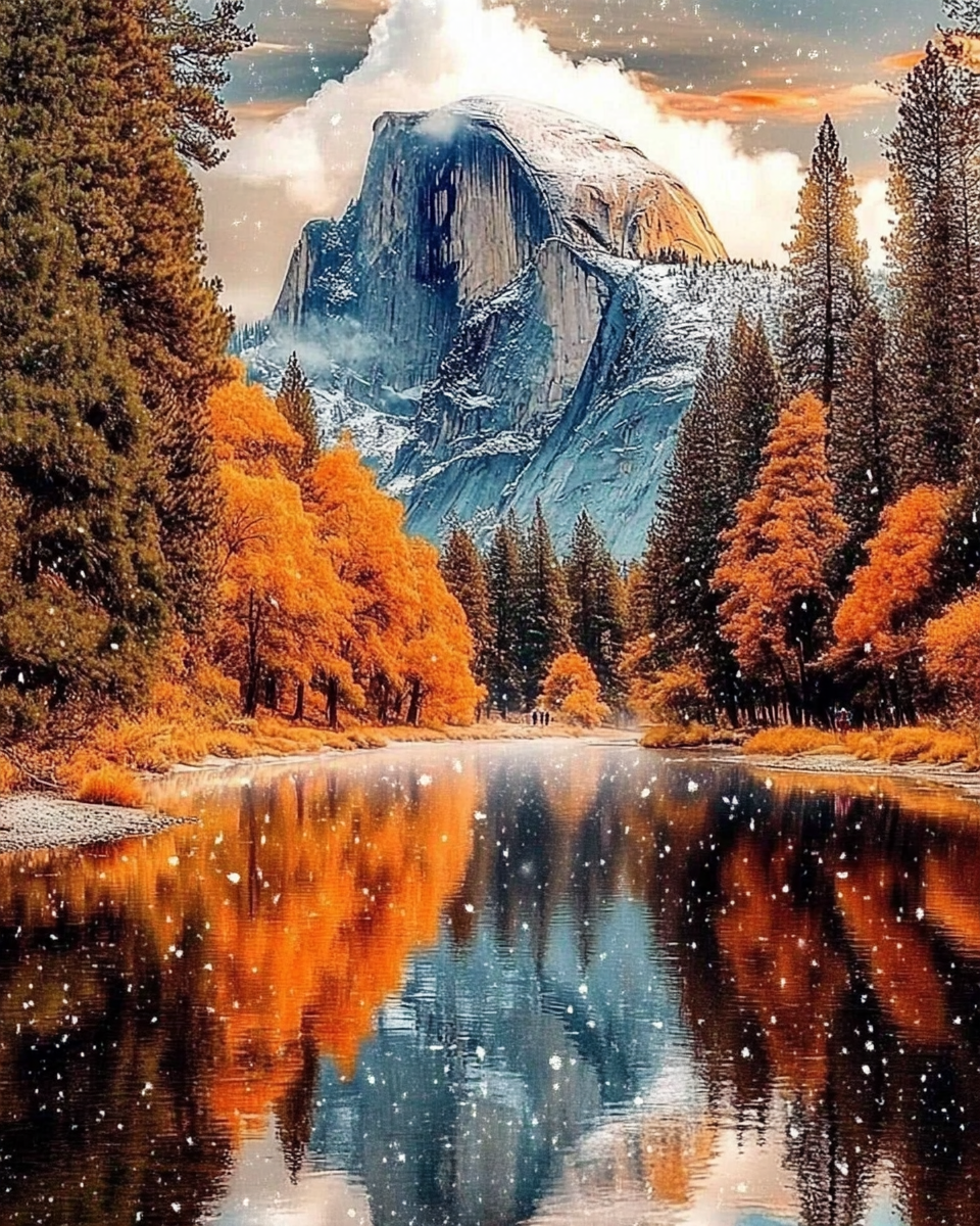 Snowy Half Dome at Yosemite with Autumn Reflections