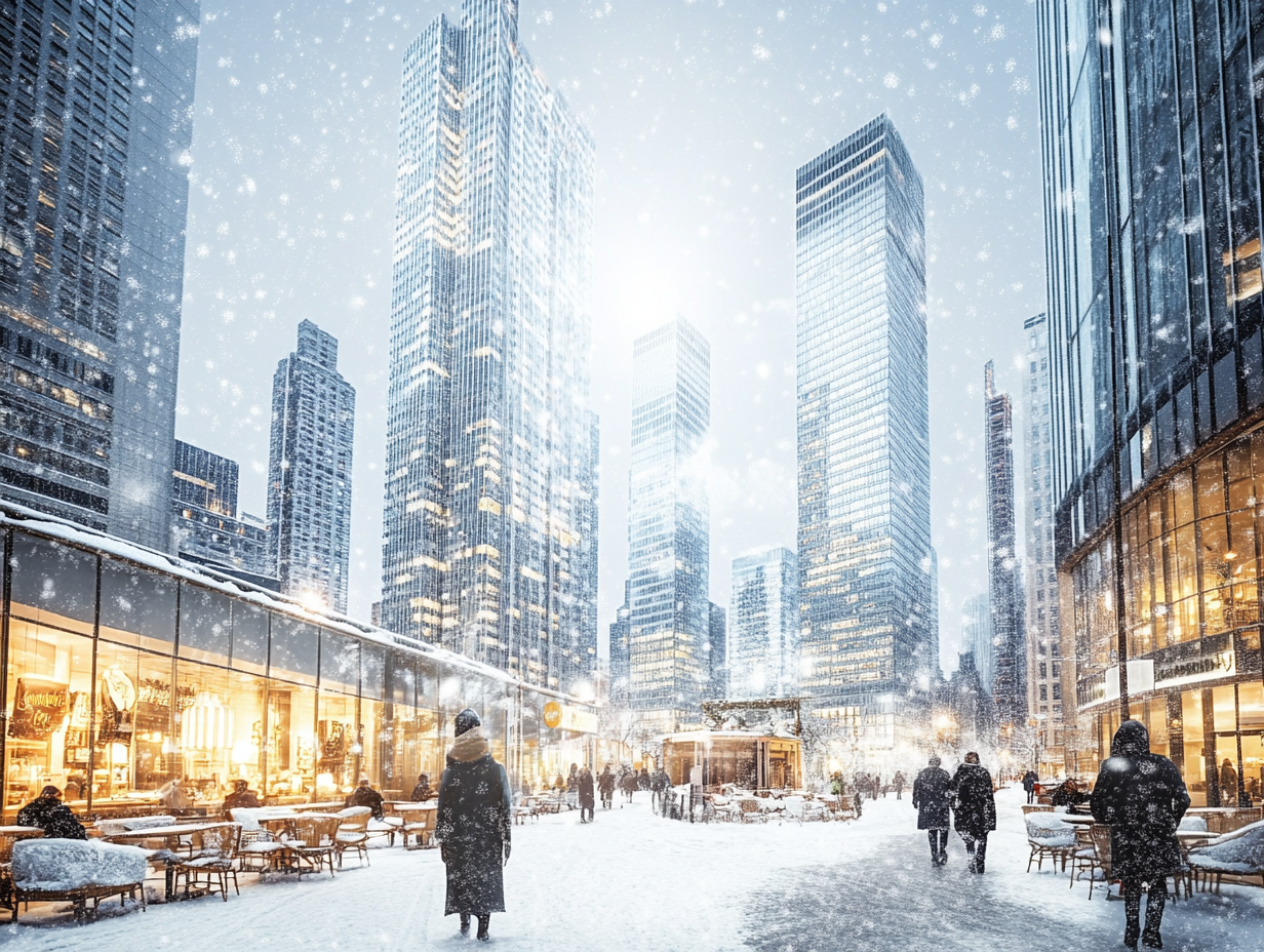 Snowy Metropolis: Streets, Skyscrapers, Cafés, Moon Light