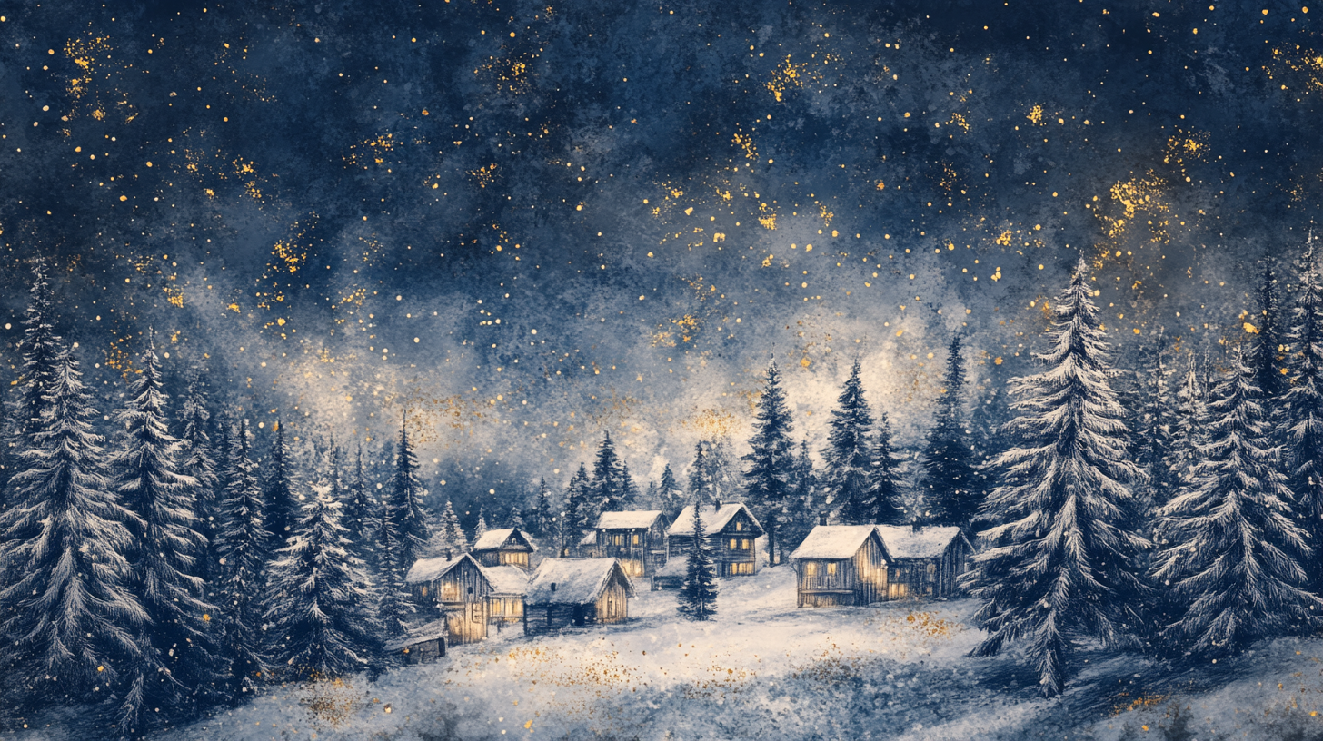 Snowy Village with Pine Trees under Starry Sky.