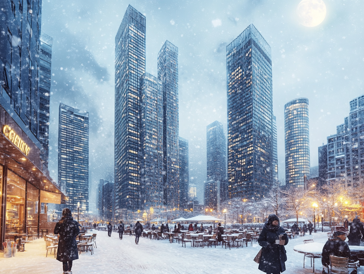 Snowy cityscape with cafes, moonlight, and visitors