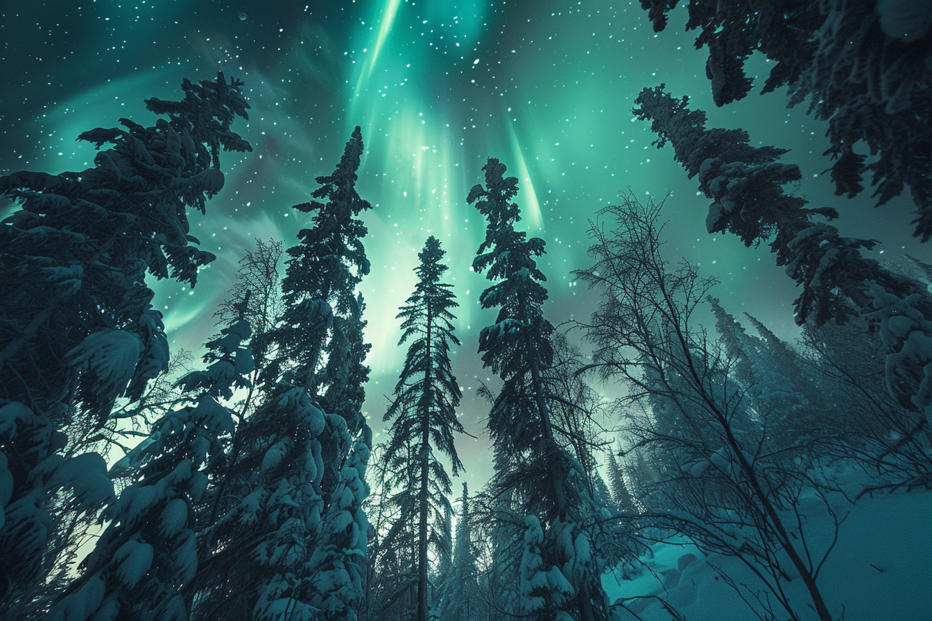 Snowy forest with northern lights and stunning high contrast.