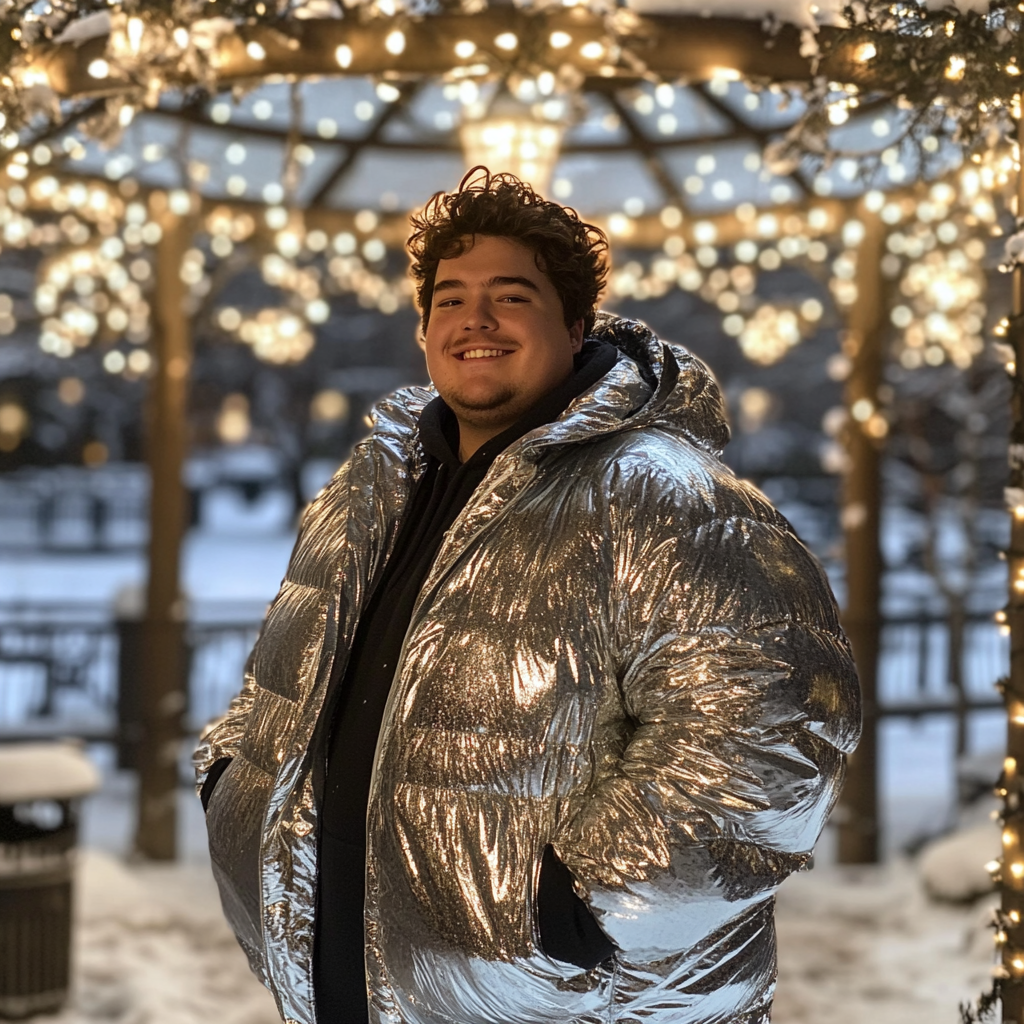 Snowy gazebo with handsome man in puffer coat.