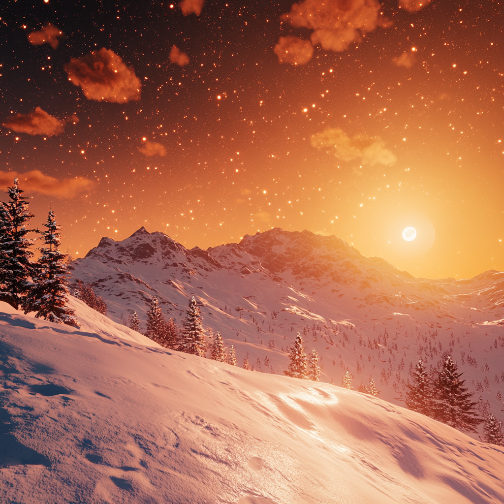 Snowy hill, mountain range under moonlit sky