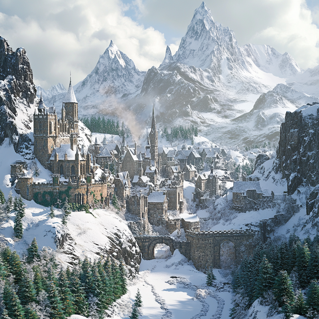 Snowy mountains with medieval castles concept in photorealistic style.