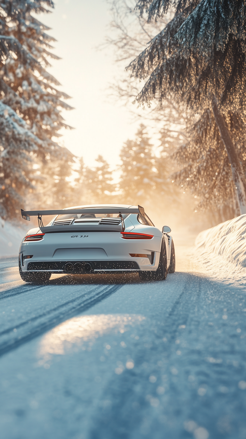 Snowy road drive in tuned Porsche. Bright, hyper-realistic composition.