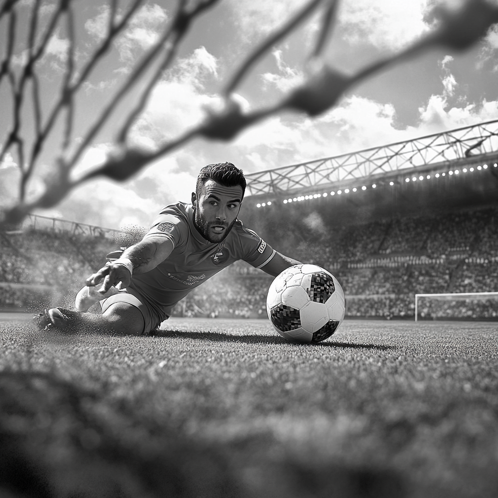 Soccer player's determined shot excites crowd.