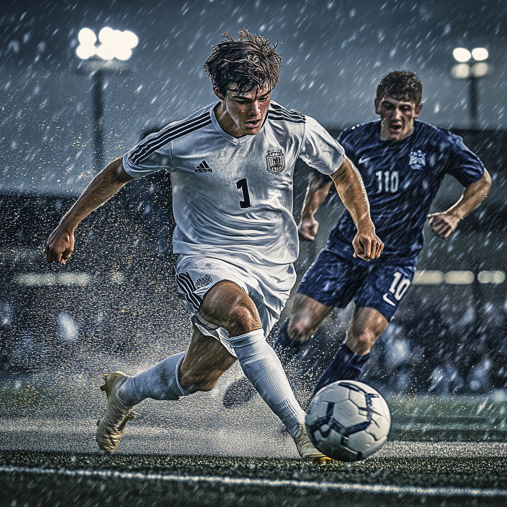 Soccer player shoots at goal with determination.