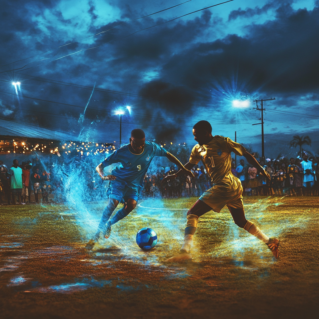 Soccer players fight in African-themed dreamscape with observers