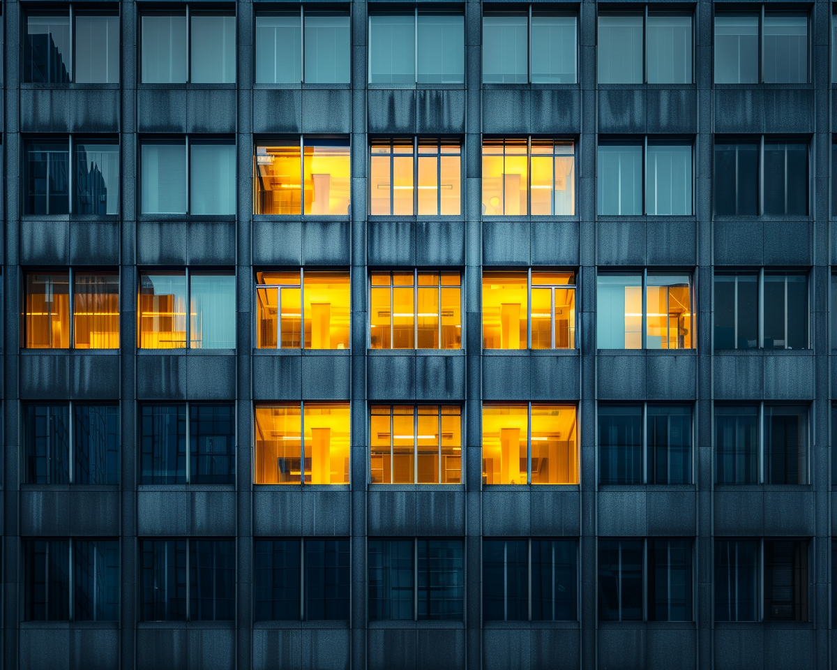 Socialist modernist building with gold windows in European city.