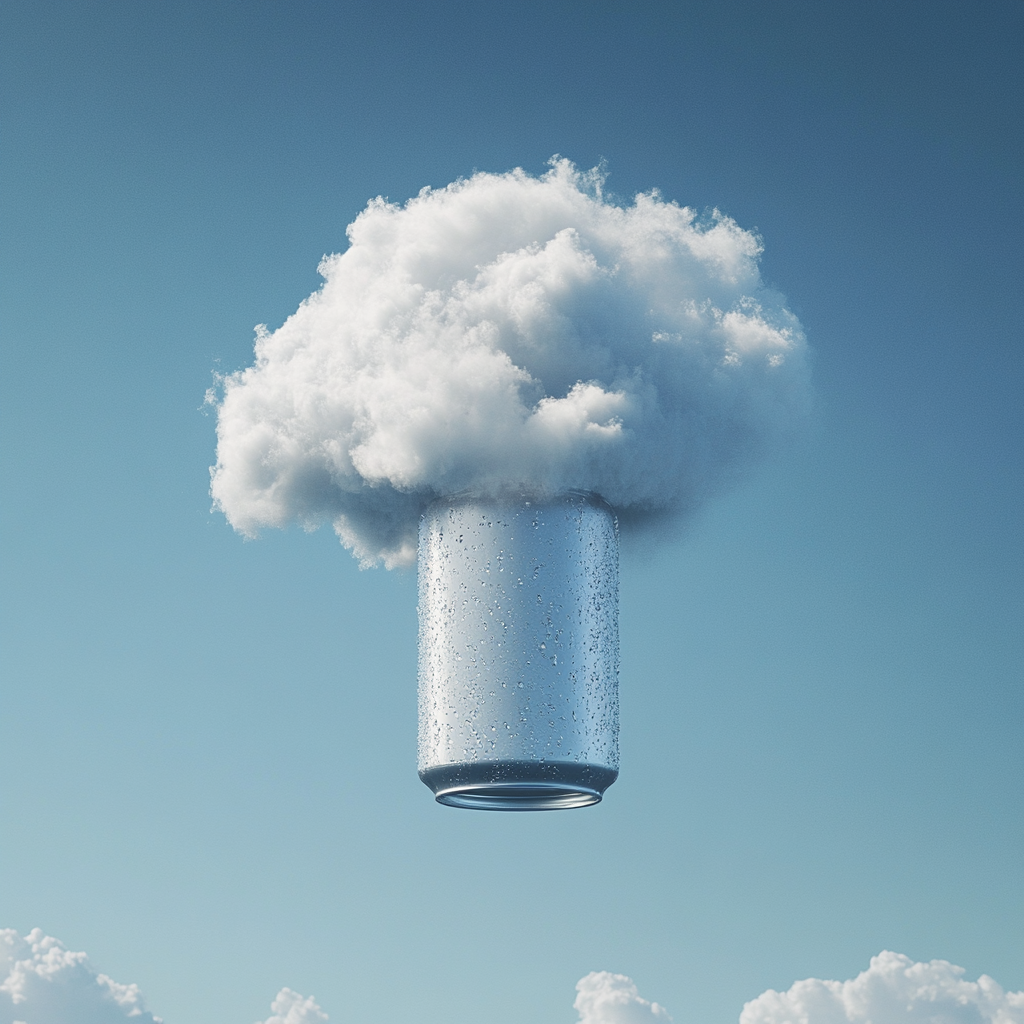 Soda can shaped cloud in clear blue sky.