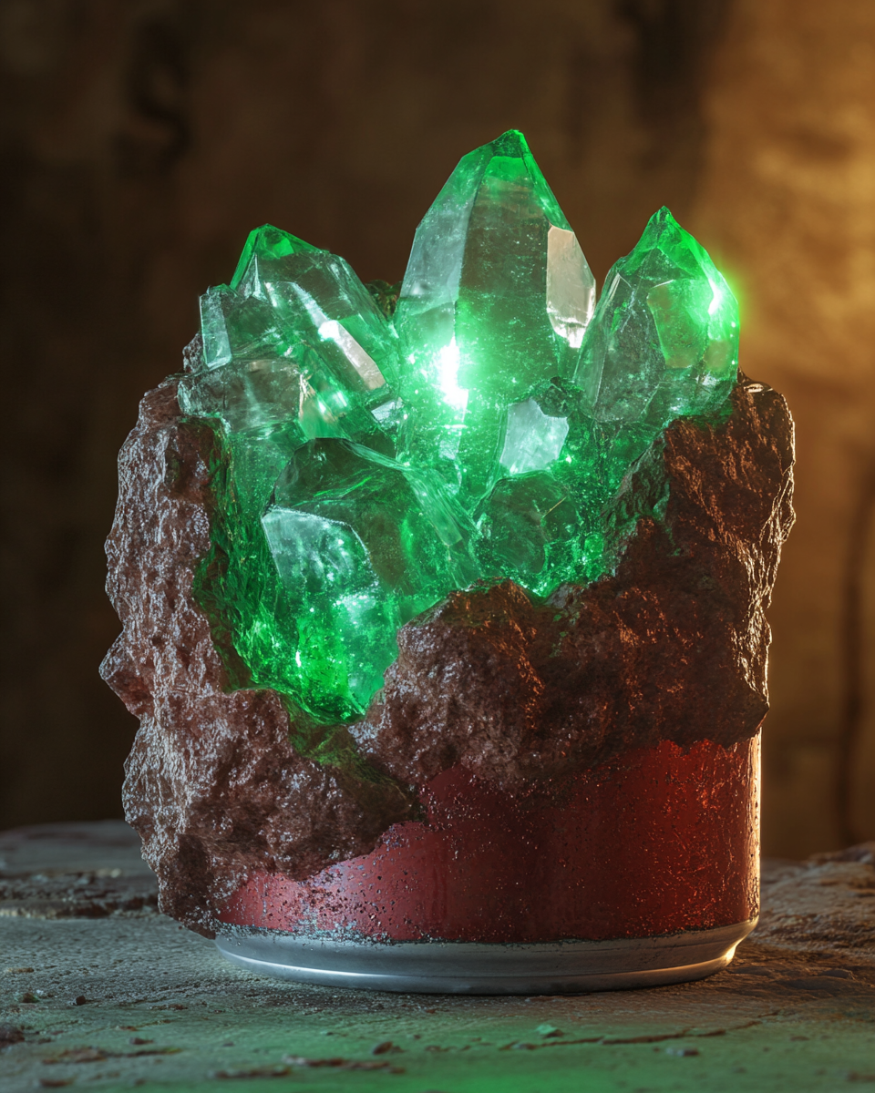 Soda can stuck in glowing green rock