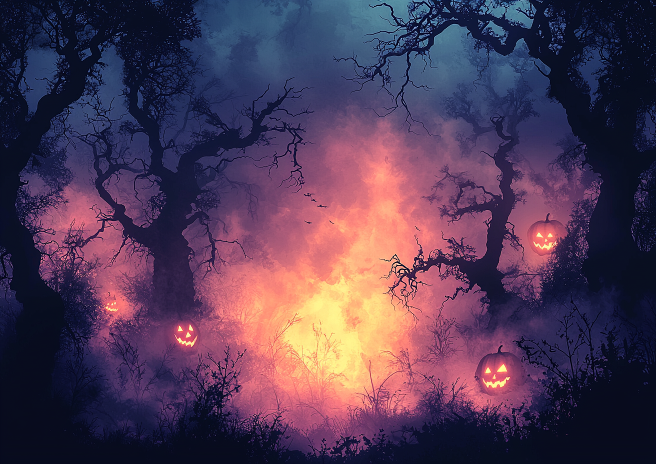 Soft, eerie Halloween scene with gentle colors and shadows.