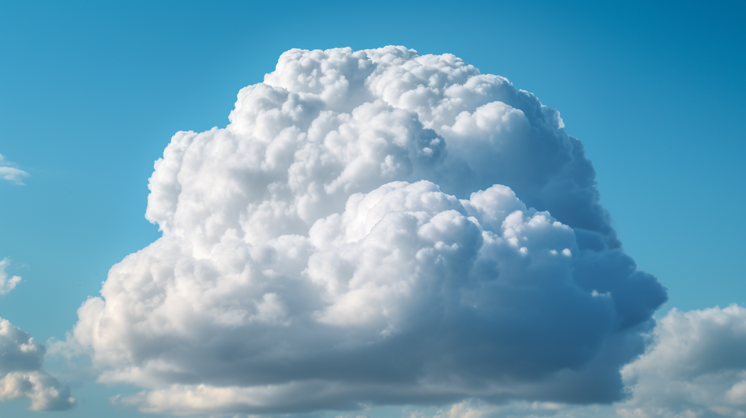 Soft, fluffy cloud in clear blue sky, photorealistic image.