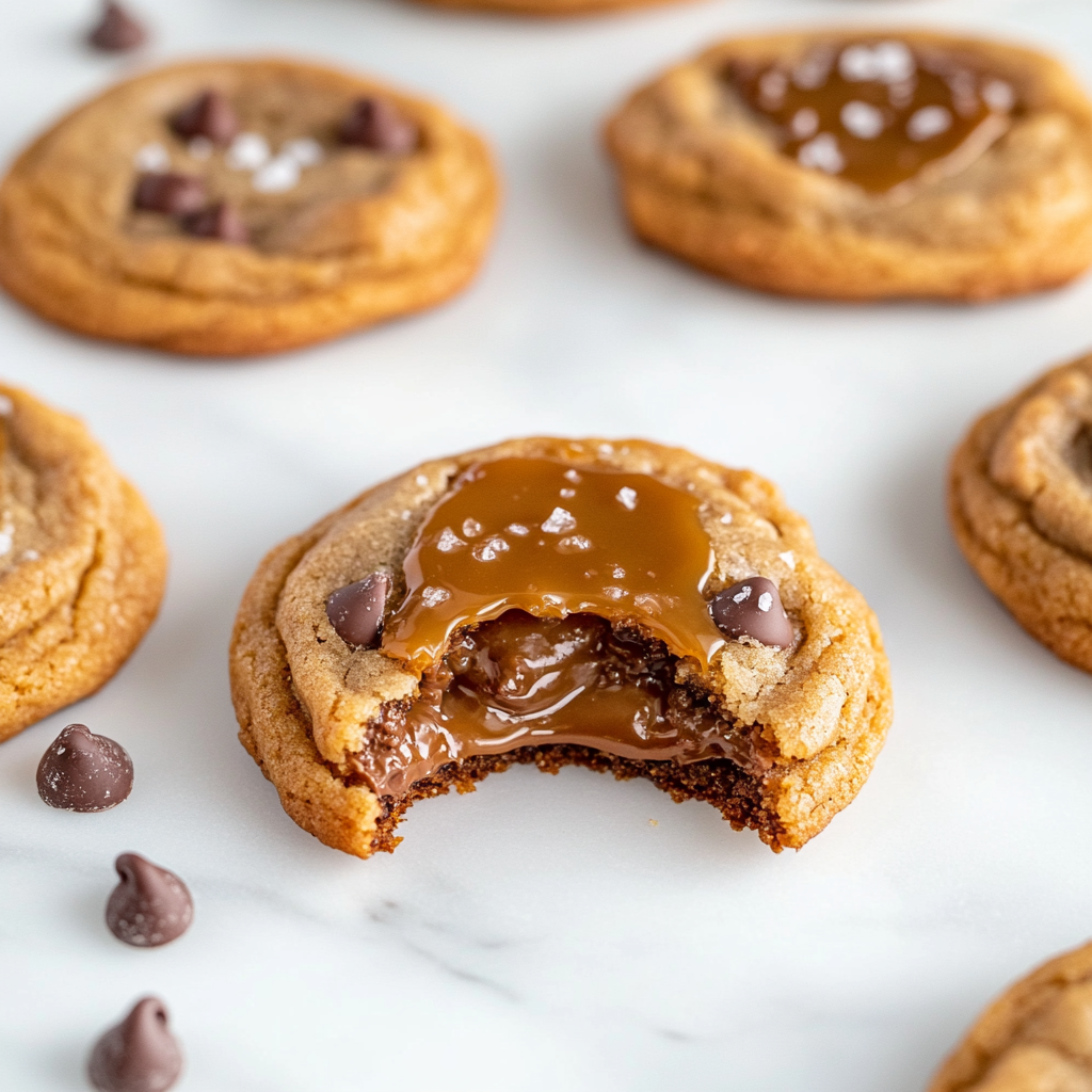 Soft, golden-brown cookies with gooey caramel and chocolate chips.