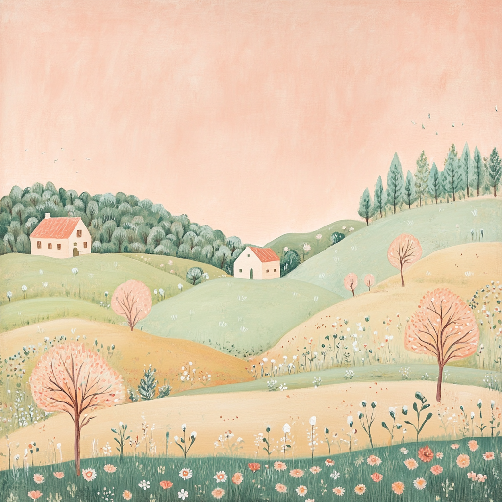 Soft, naive-style painting with peach countryside landscape. Tranquil, minimalist.