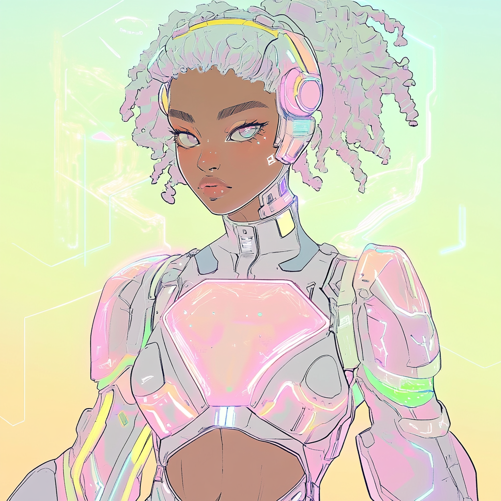 Soft, pastel cyberpunk anime girl in futuristic metaverse.