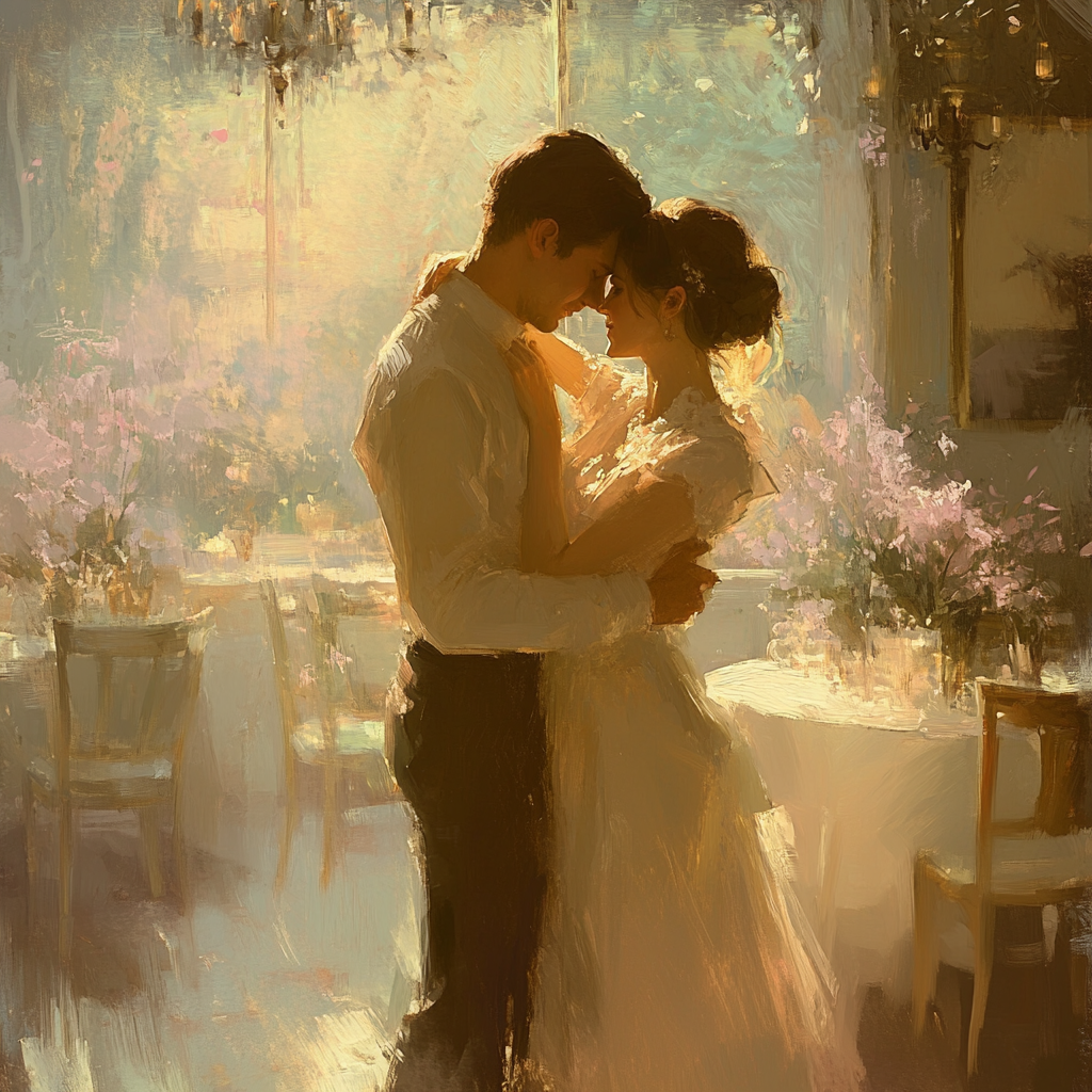 Soft, romantic scene captures tenderness, gradual connection in serene environment.