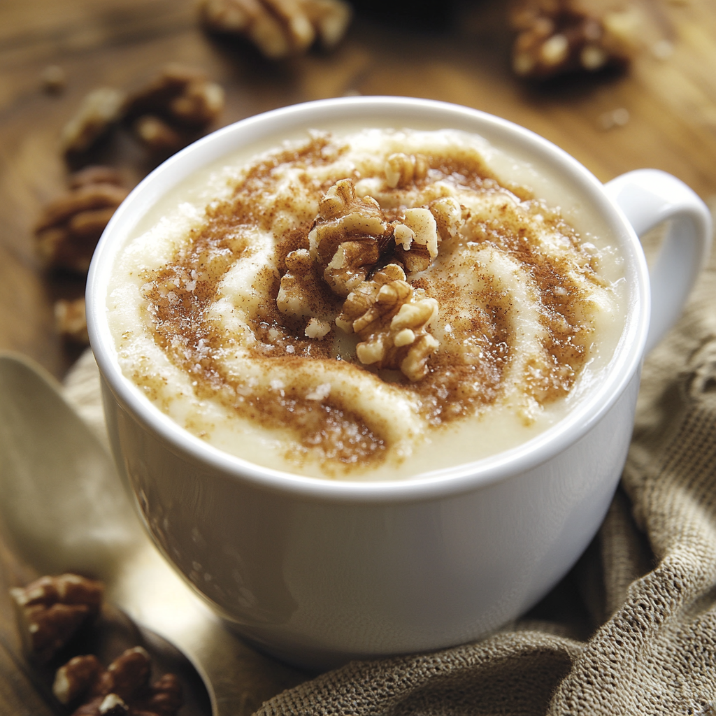 Soft, sweet mug cake with cinnamon swirl and nuts.