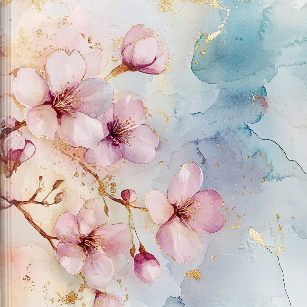 Soft, watercolor floral patterns with gold foil and cherry blossoms.