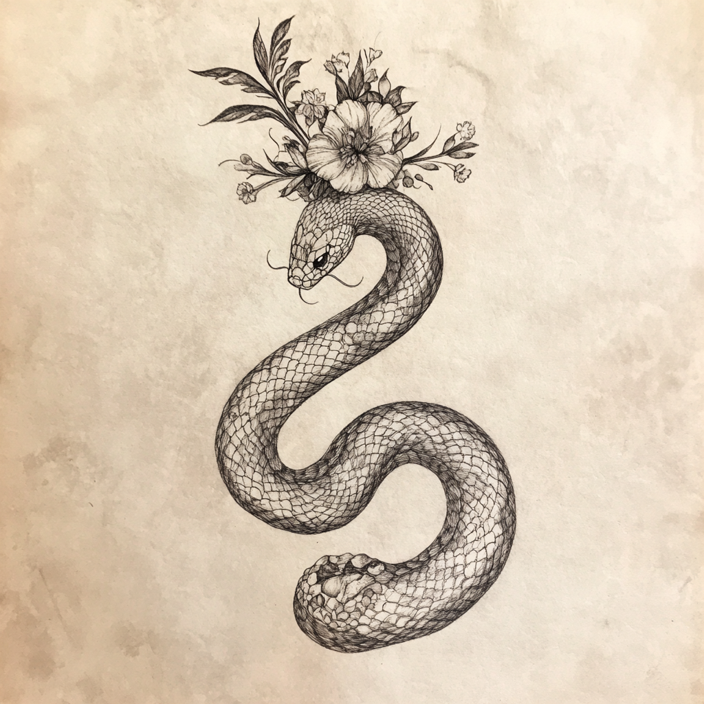 Soft Greg wash design on elongated floral patterned snake.