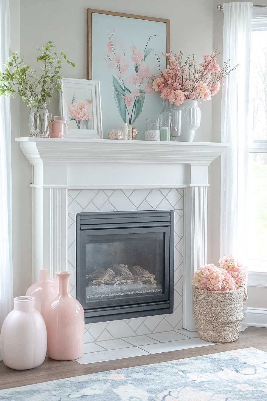 Soft Pastel Corner Fireplace: Light, Airy Tranquility