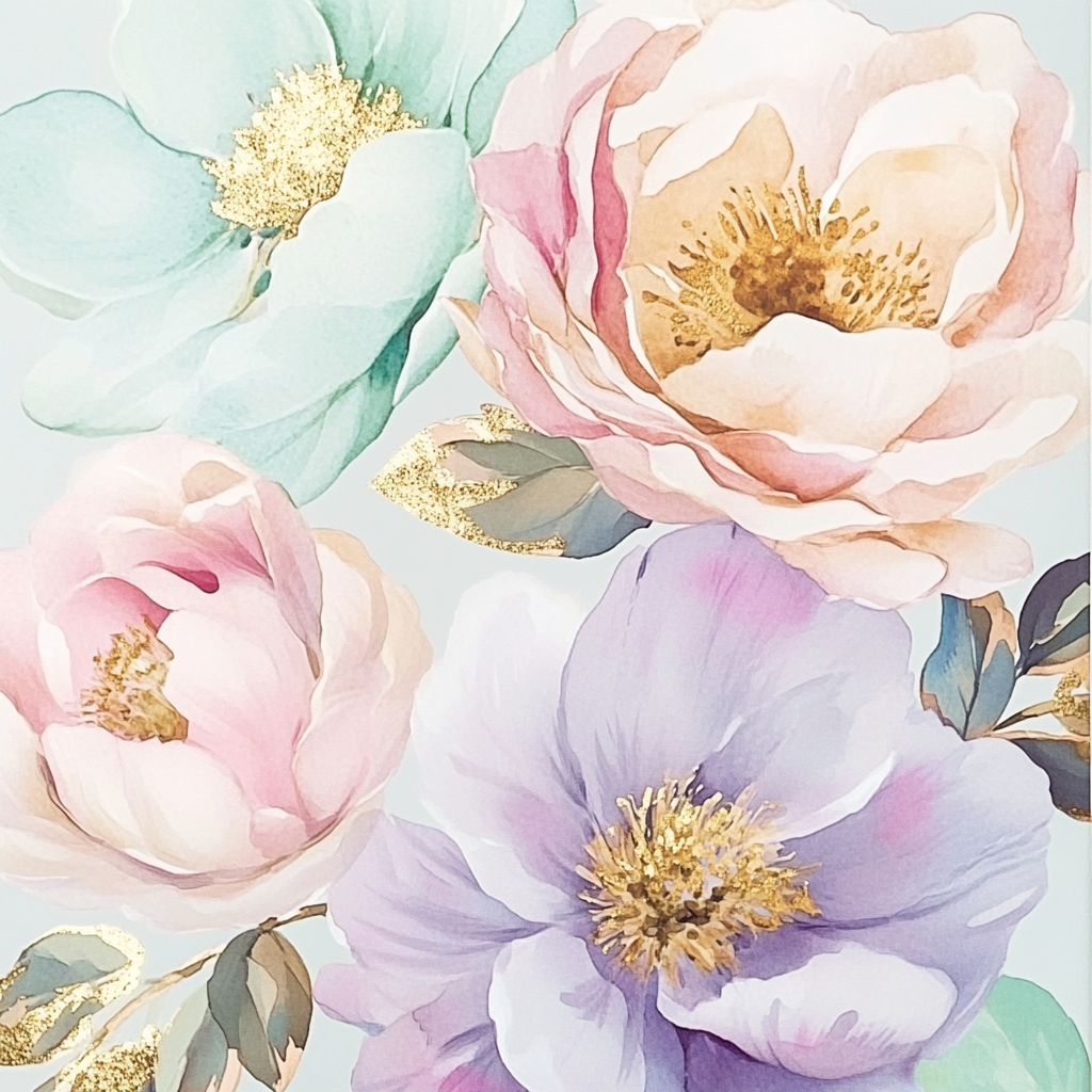 Soft Watercolor Floral Patterns with Gold Accents