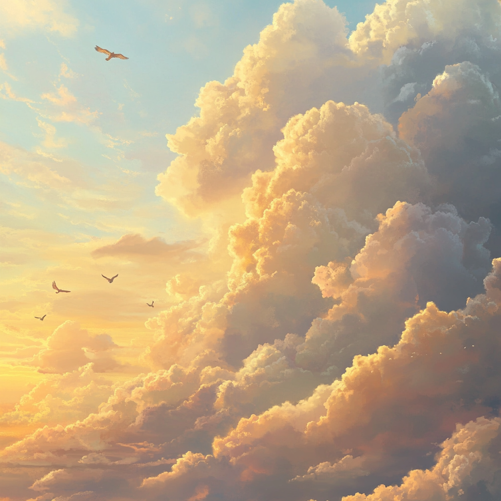 Soft pastel clouds and golden sunlight fill the sky.