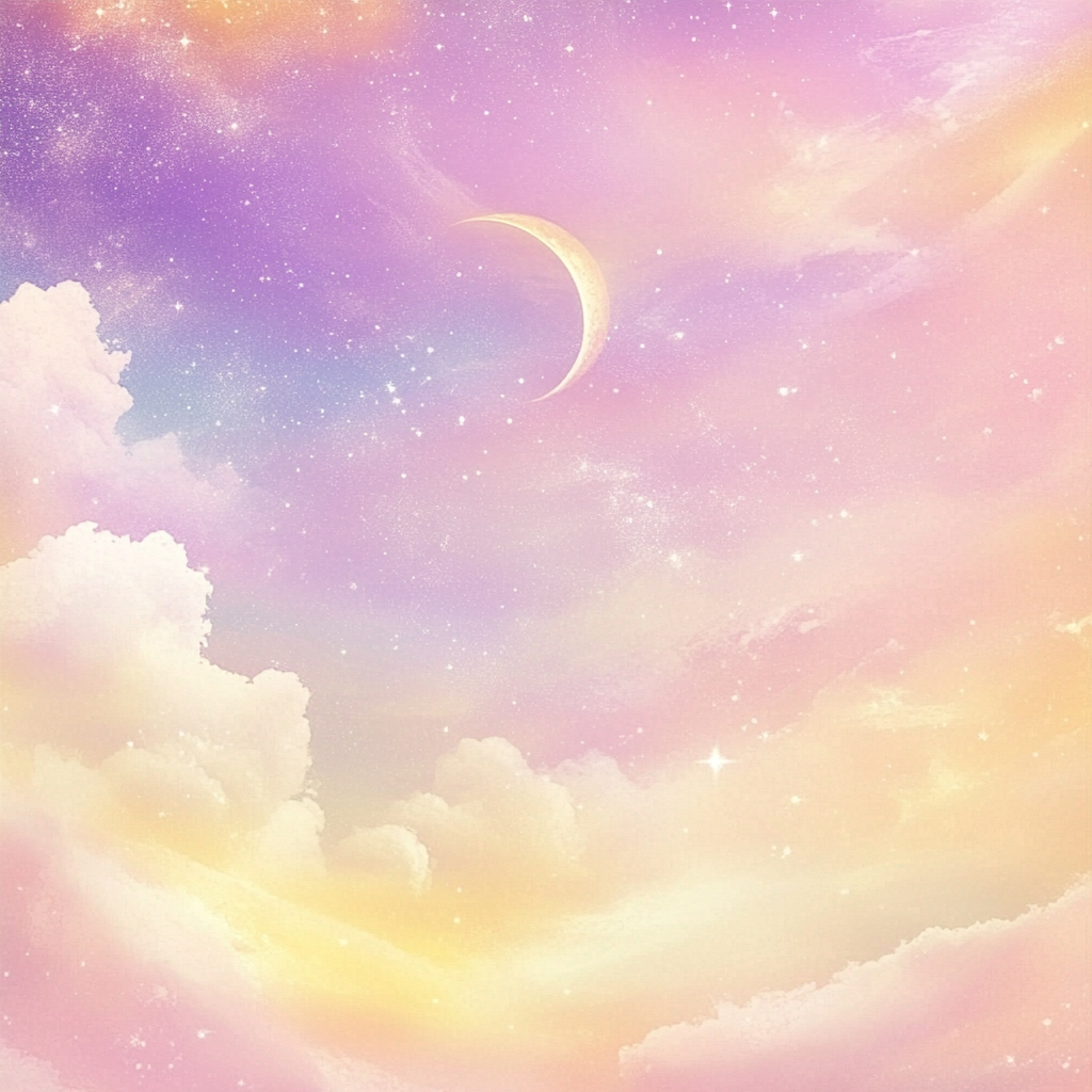 Soft pastel design with pink, purple, yellow gradient, clouds, moon.