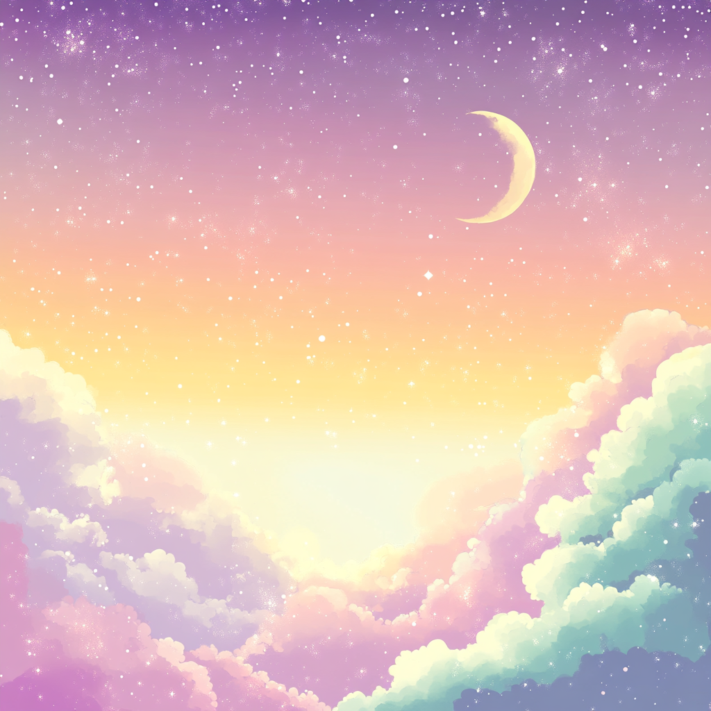 Soft pastel spiritual design with clouds, stars, moon. Place text.