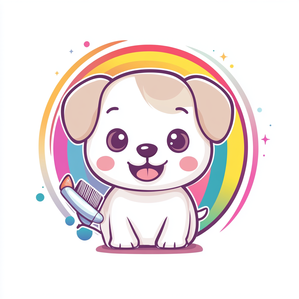 Soft puppy with colorful rainbow in playful grooming design.