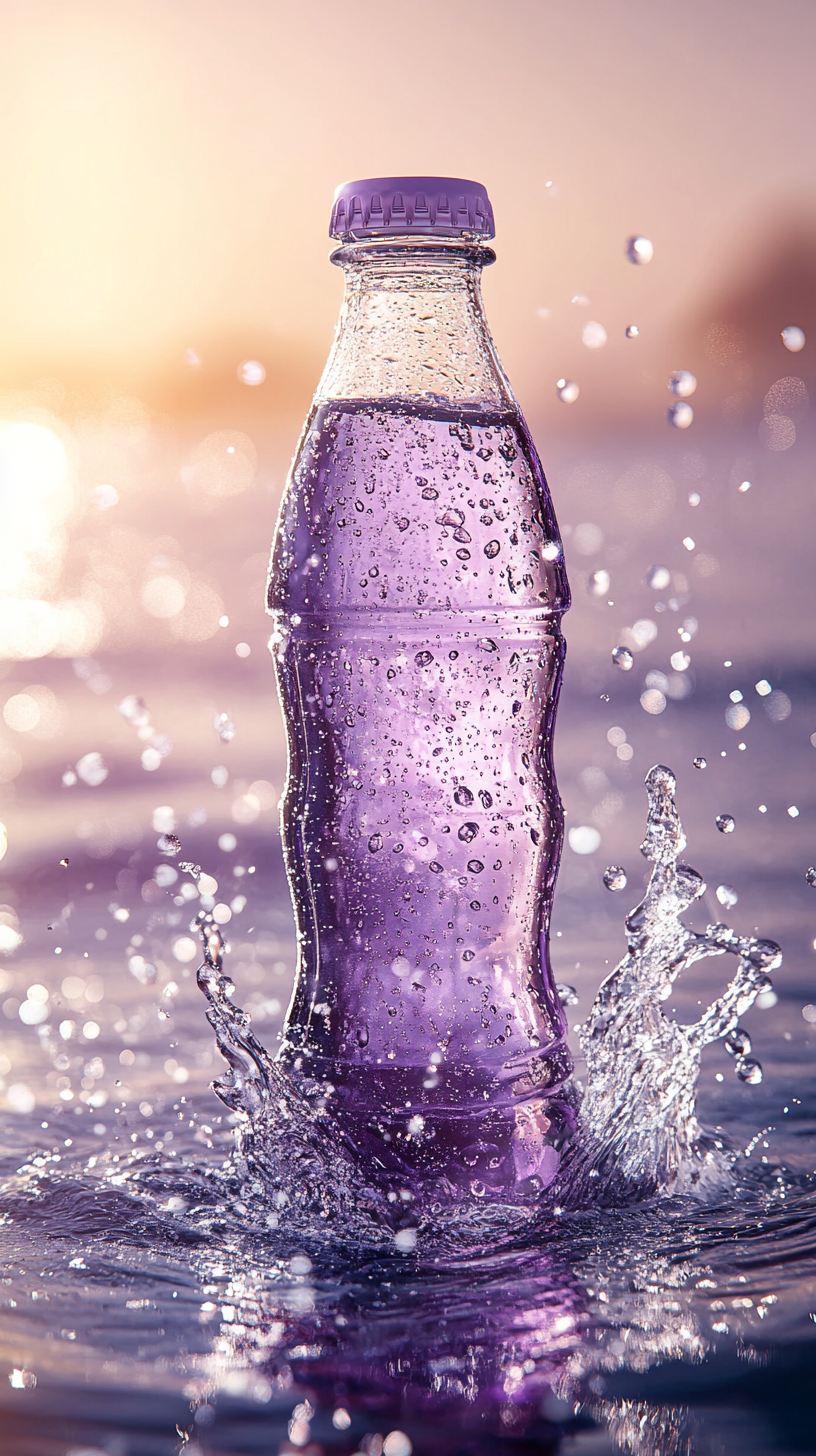 Soft purple Coca-Cola bottle on sparkling water droplets.