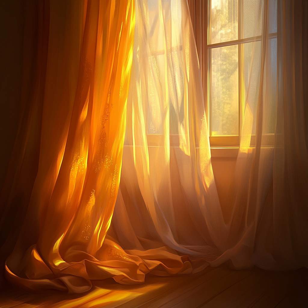 Soft sunlight illuminates room, curtains, brings tranquility.