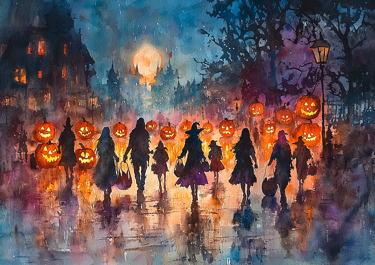 Soft watercolor Halloween night scene with mysterious costumes.