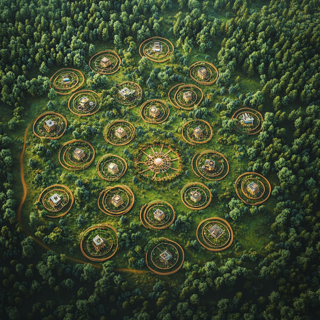 Solarpunk village with food forests in nature mandala