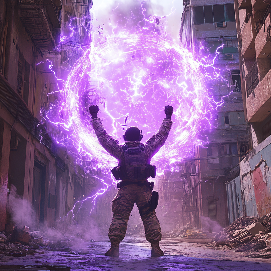 Soldier Summoning Lightning in Abandoned City