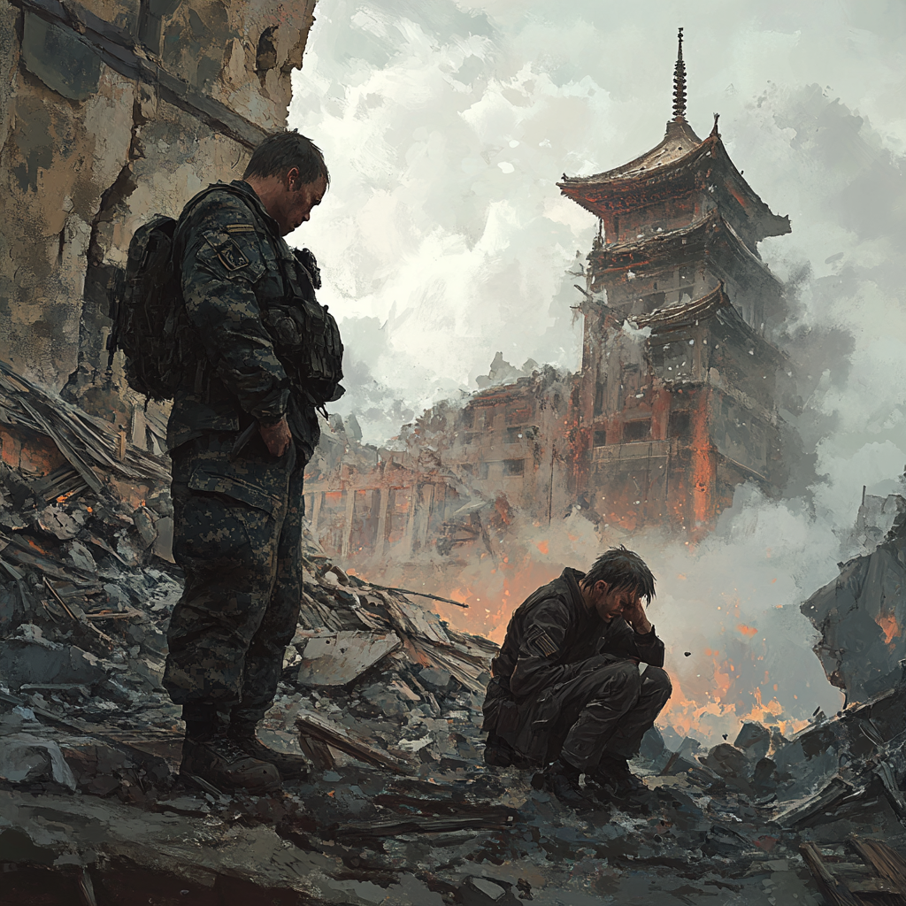 Soldier comfort martial artist in urban warzone devastation.