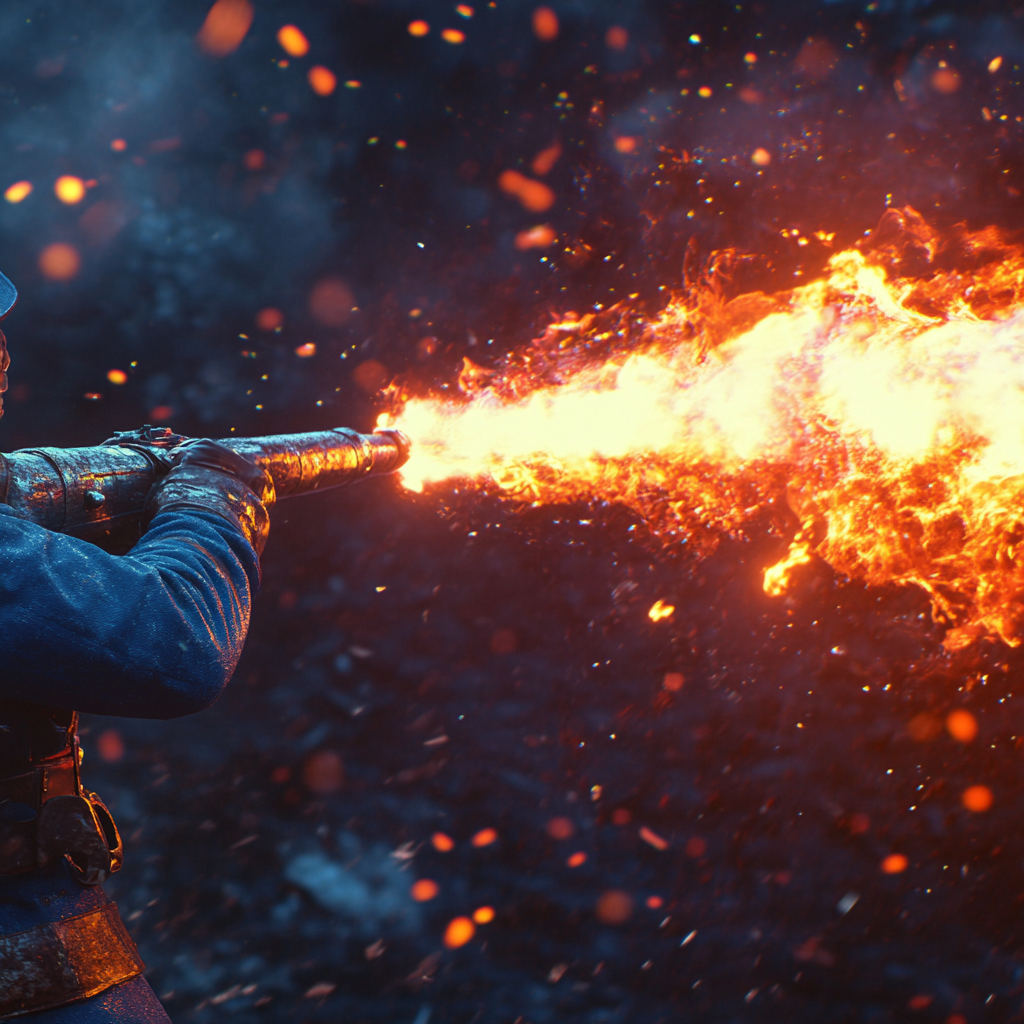 Soldier in Blue shoots Fire at Enemy Soldiers