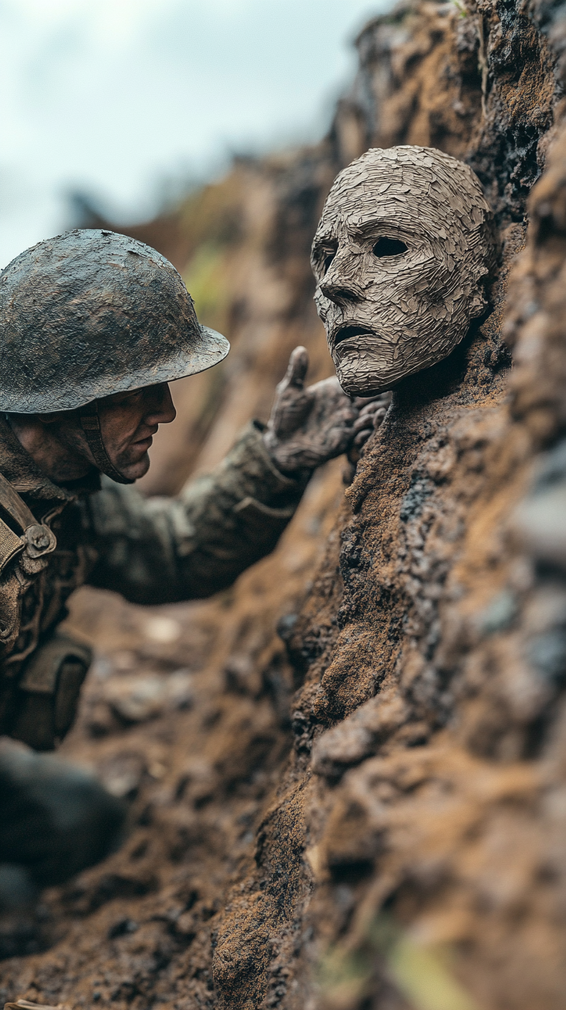 Soldier in WWI trench with elaborate papier-mâché dummy head.