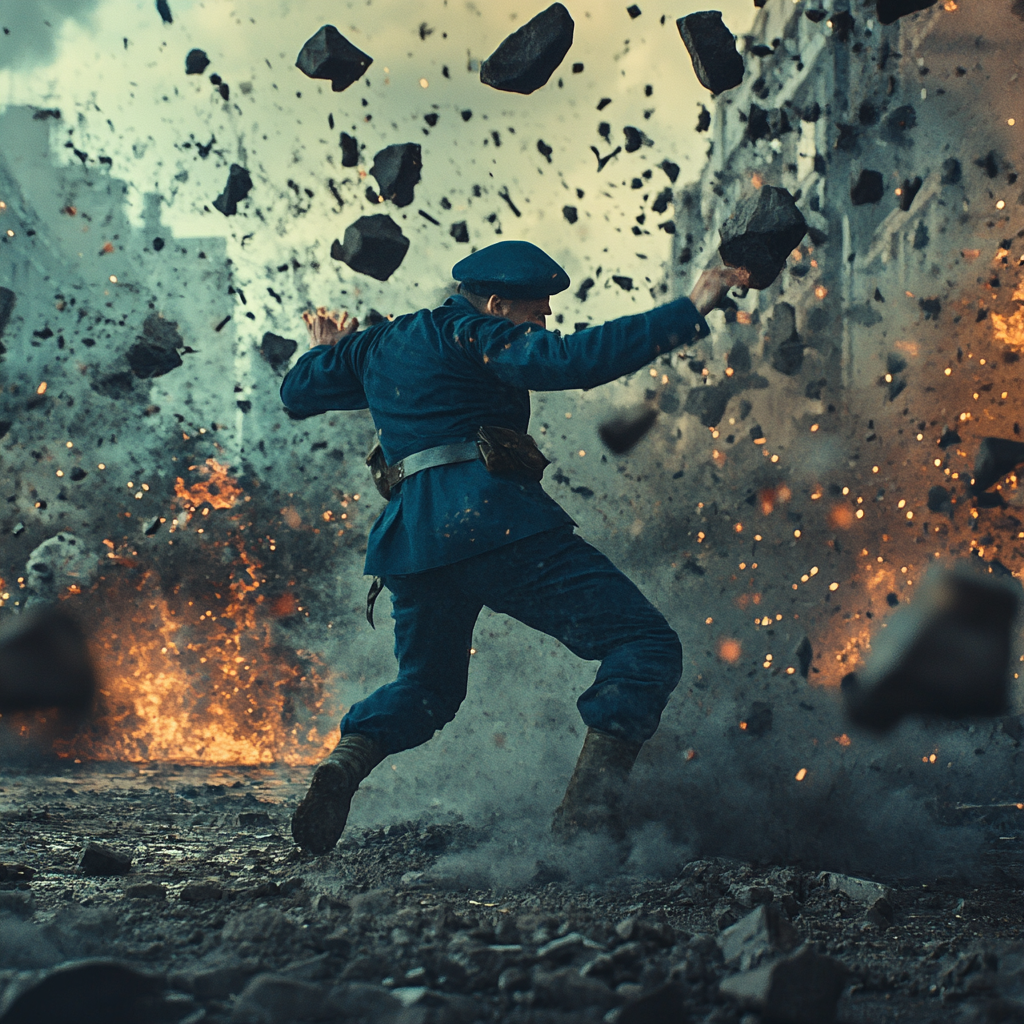 Soldier in blue uniform launches rock spikes at enemies