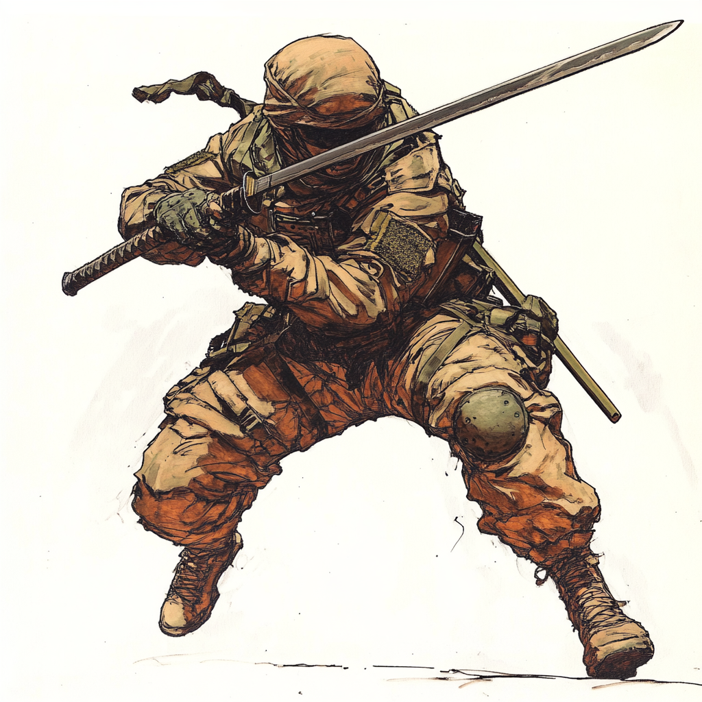 Soldier in combat with katana and rifle