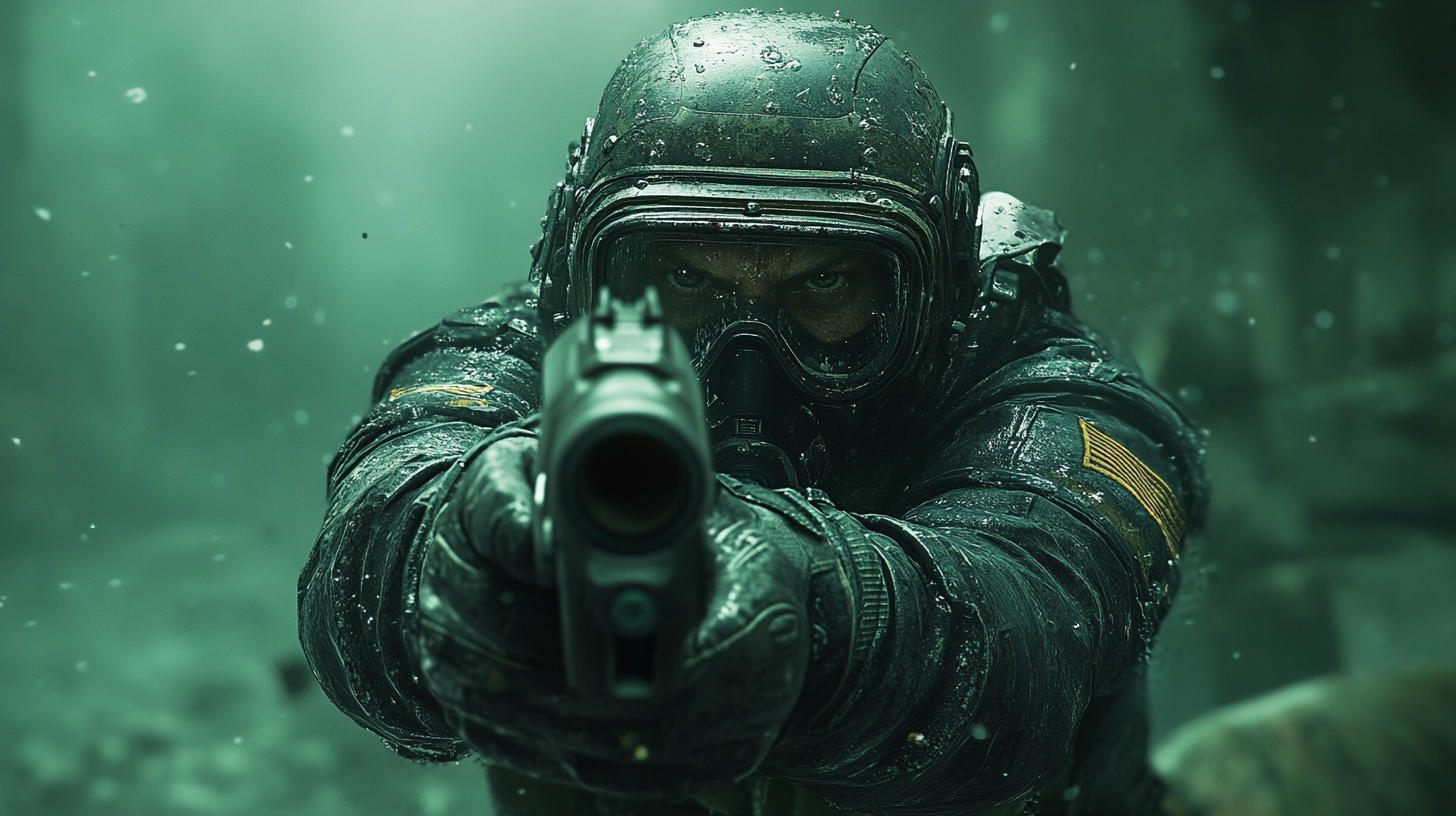 Soldier with gun fights enemies in underwater combat.