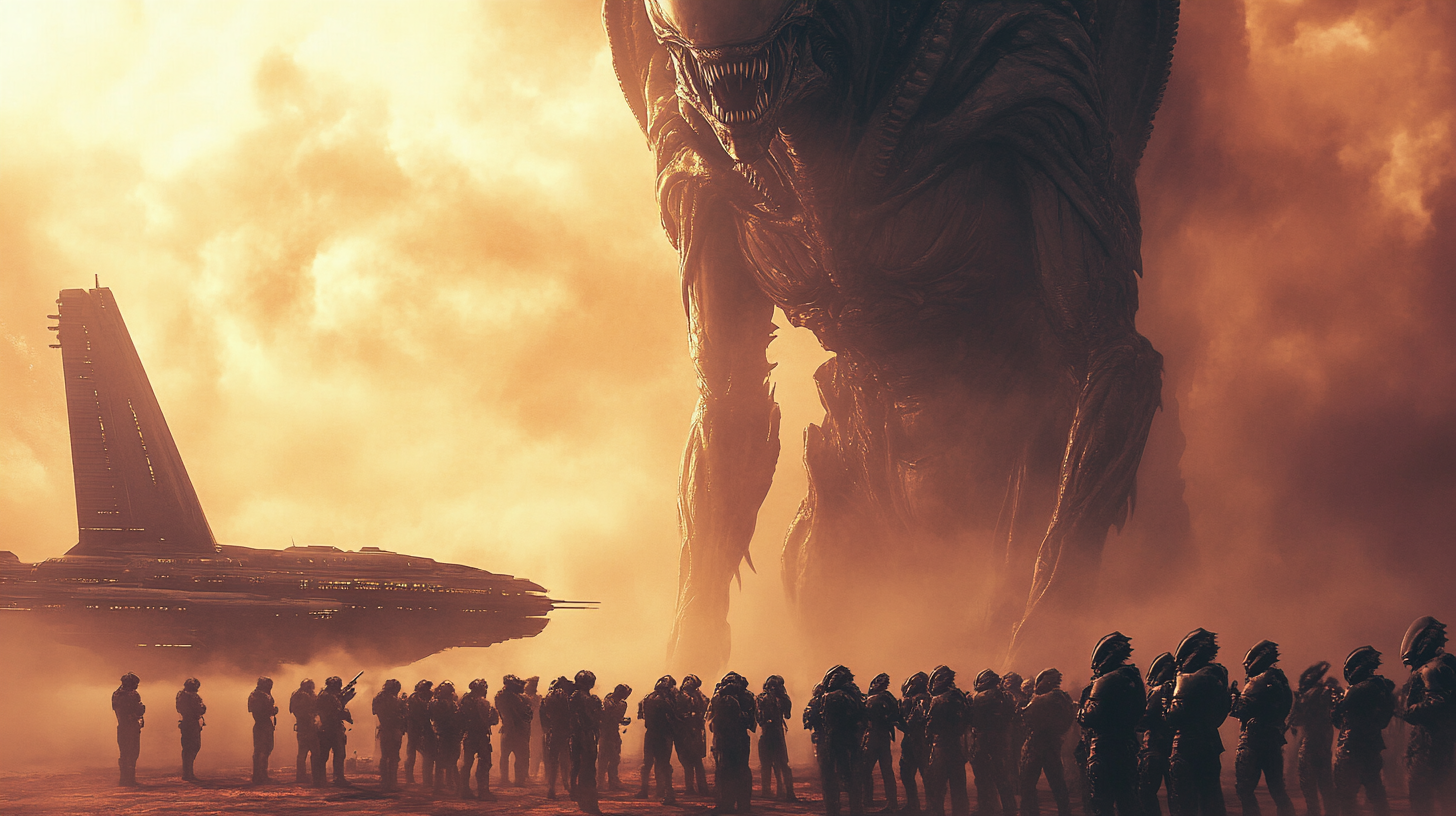 Soldiers Bowing to Tall Alien with Spaceship Behind.