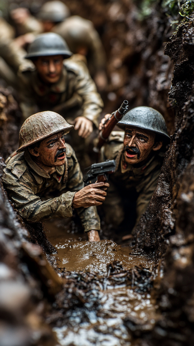 Soldiers discussing strategy with hyper-realistic papier-mâché heads.