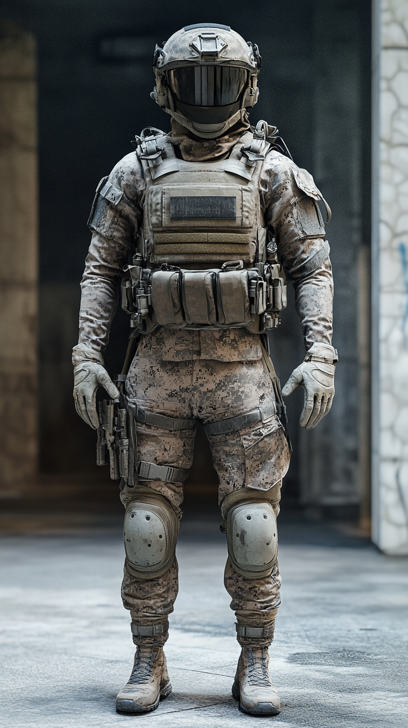 Soldiers in modern armor, realistic photography, cinematic quality.