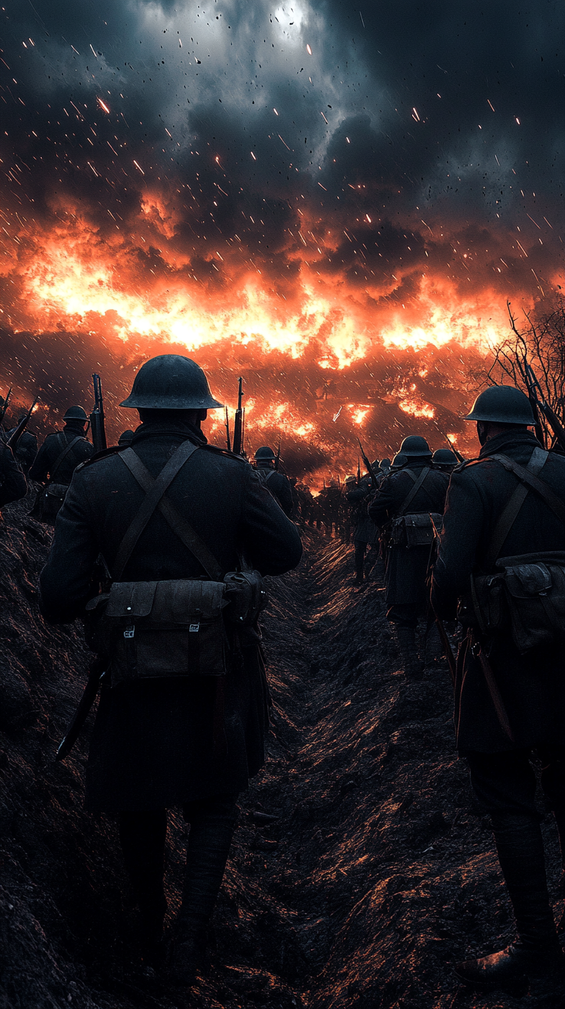 Soldiers in trenches during World War I at night.