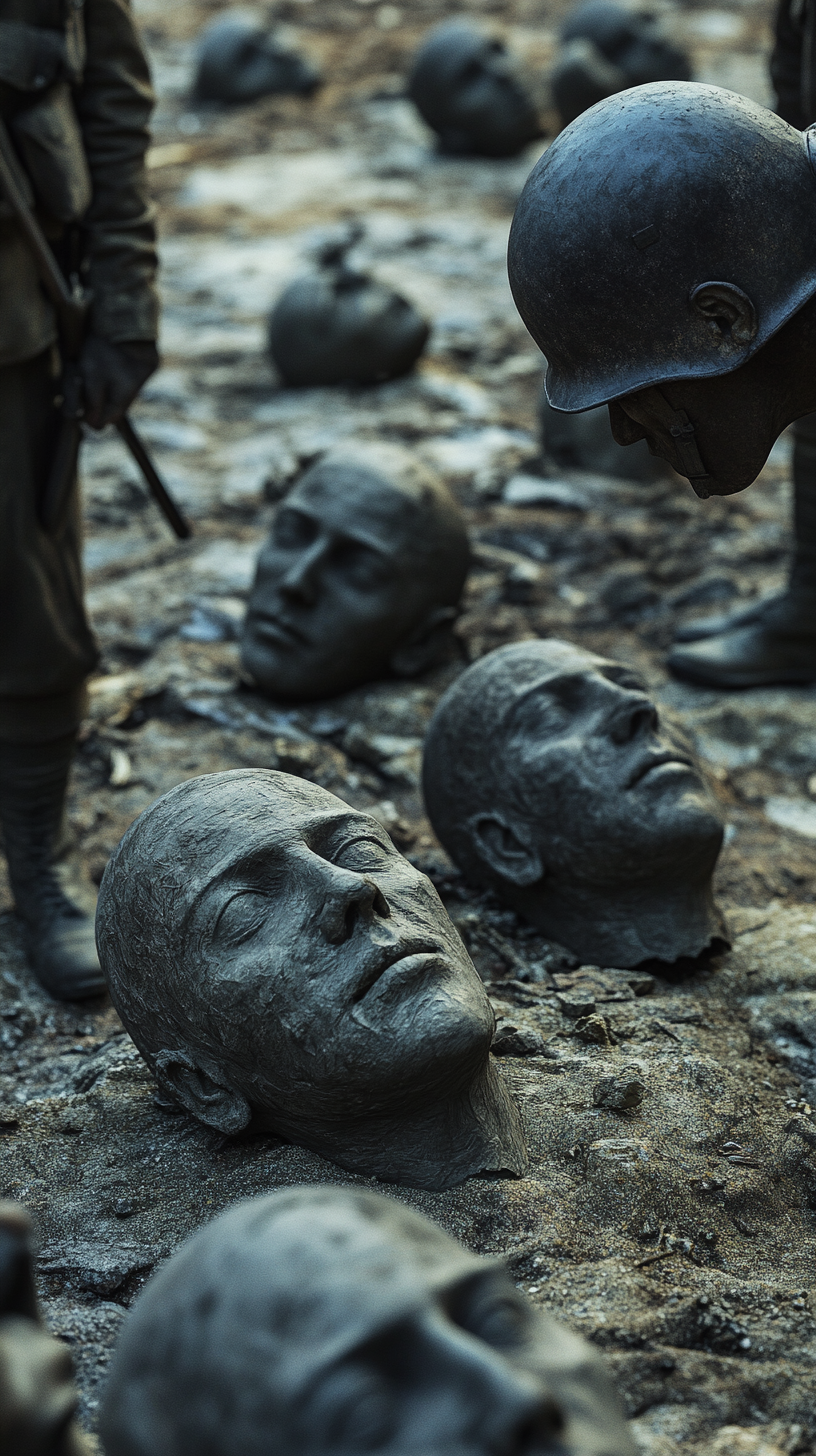 Soldiers preparing dummy heads for deception tactics in WWI.